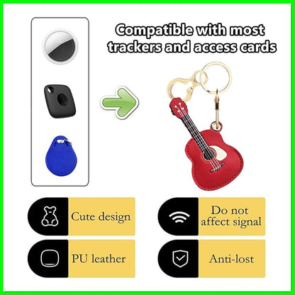 Leather Keychain Holder Case Compatible with AirTag,Cute Protective Cover with Keyring,Anti-Scratch Finder GPS Tracker Case for Wallet Keys,Bag,Pets,Backpack(Guitar Red)
