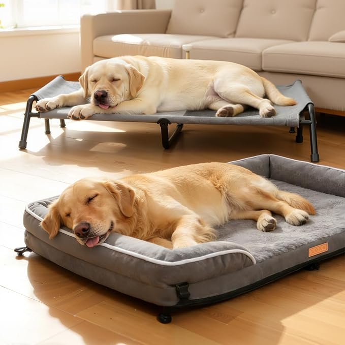 Lekereise Raised Outdoor Large Dog Bed Cot + Orthopedic Indoor Dog Sofa Bed, 2-in-1 Design,43 x 32 Inch Cooling Elevated Puppy Bed with Egg-Crate Orthopedic Foam Load 110lbs
