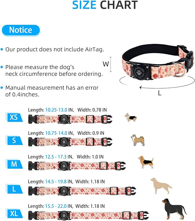 Upgrade Dog Collar with AirTag Holder, IP68 Waterproof, Peach Blossom, L | Built-in Water Resistant AirTag holder, 1000D Nylon, Reflective Stitching for Night Visibility, Soft padding for Comfort