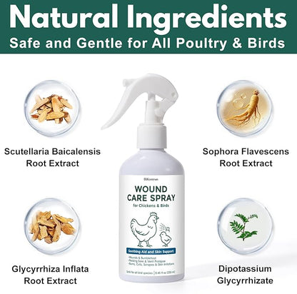 Wound Spray for Chickens and Birds, Poultry Care Spray for Pecking Sores, Bumblefoot, Vent Prolapse, Cuts, Burns & Skin Irritations, Safe for Egg-Laying Hens, Natural Herbal Formula, 8.45 Fl Oz