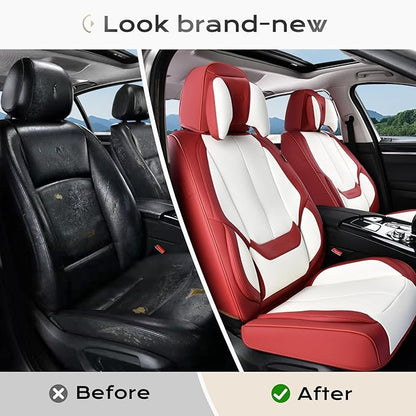 Coverado Seat Covers Full Set, 5 Seats Seat Covers for Cars, Waterproof Nappa Leather Car Seat Covers with Head Pillow, Seat Protectors Car Seat Cushion Universal Fit for Most Cars (Red&White)