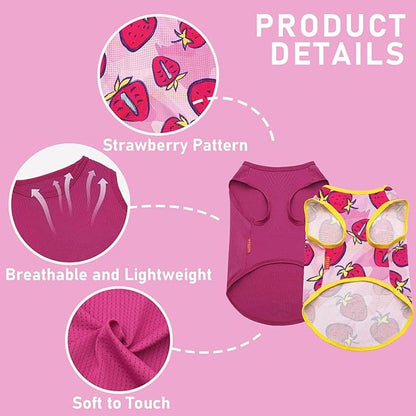 KYEESE 2Pack Dog Shirt, Lightweight Sun Protection Dog T Shirts for Small Dogs Girl, Breathable Mesh Tank Top Sleeveless Puppy Reflective Vest, Soft Summer Dogs Clothes, Strawberry+Rose Red, S