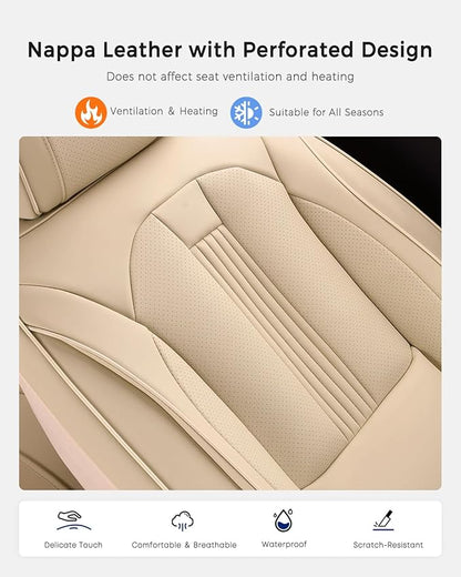 Huidasource Beige Seat Covers, Nappa Leather Car Seat Cover with Lumbar Support, Ventilation Holes, Velcro Adjustable, Airbag, Full-Coverage Seat Covers, Universal Fit for Most Cars SUV Trucks, Beige
