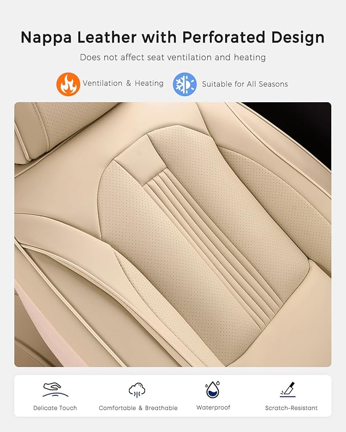 Huidasource Beige Front Seat Cover, Nappa Leather Front Car Seat Cover with Lumbar Support, Ventilation Holes, Elastic Fabric, Airbag, Full-Coverage Seat Covers, Fit for Most Cars SUV Trucks, Beige