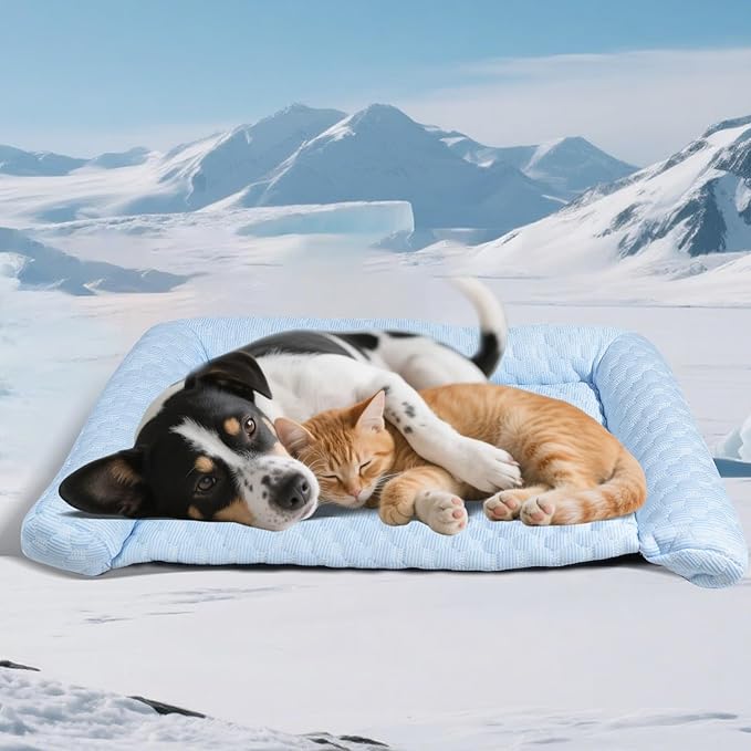 Cooling Mat - Thicken Pad for Small Dog & Cat, Ultra-Comfortable & Machine Washable | Foldable Design Mat for Dogs, Crates & Indoor Use (Blue, 24''*14'')