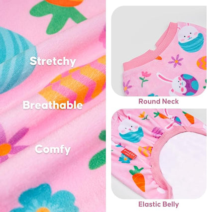 KYEESE Easter Dog Pajamas, Soft Dog Pajamas for Small Dogs Girl, Stretchy Dogs Pjs Velvet Pet Jumpsuit with Eggs & Bunny Pattern, Comfy Lightweight Pet Outfit, Pink, M