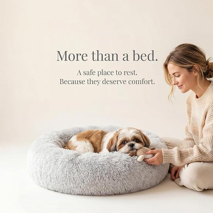 Calming Donut Dogs Beds for Small Dogs Washable,23inch Plush Round Pet Bed for Cozy Sleep,Fluffy Faux Fur Large Cat Bed,Fits up to 25 lbs Pets,Frost Grey