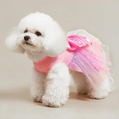 PUPTECK Print Dog Dress Pet Apparel for Birthday with Cute Bowtie Puppy Clothes Outfit, M