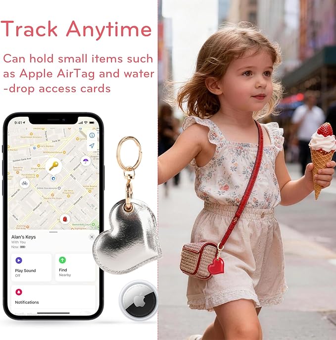 Leather Charm Keychain Holder Case Compatible with AirTag,Cute Protective Heart-Shaped Cover with Luxe Ring Clip,Finder GPS Tracker Case for Wallet Keys,Bag,Pets(Silvery)