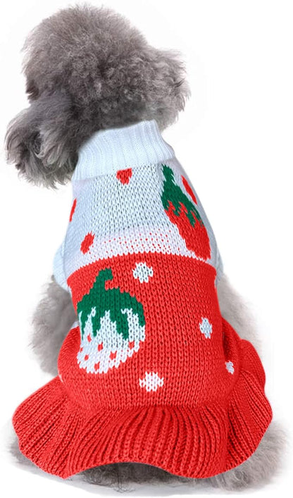 CHBORCHICEN Pet Dog Sweaters Classic Knitwear Turtleneck Winter Warm Puppy Clothing Cute Strawberry and Heart Doggie Sweater (XS, Dress-Red1)