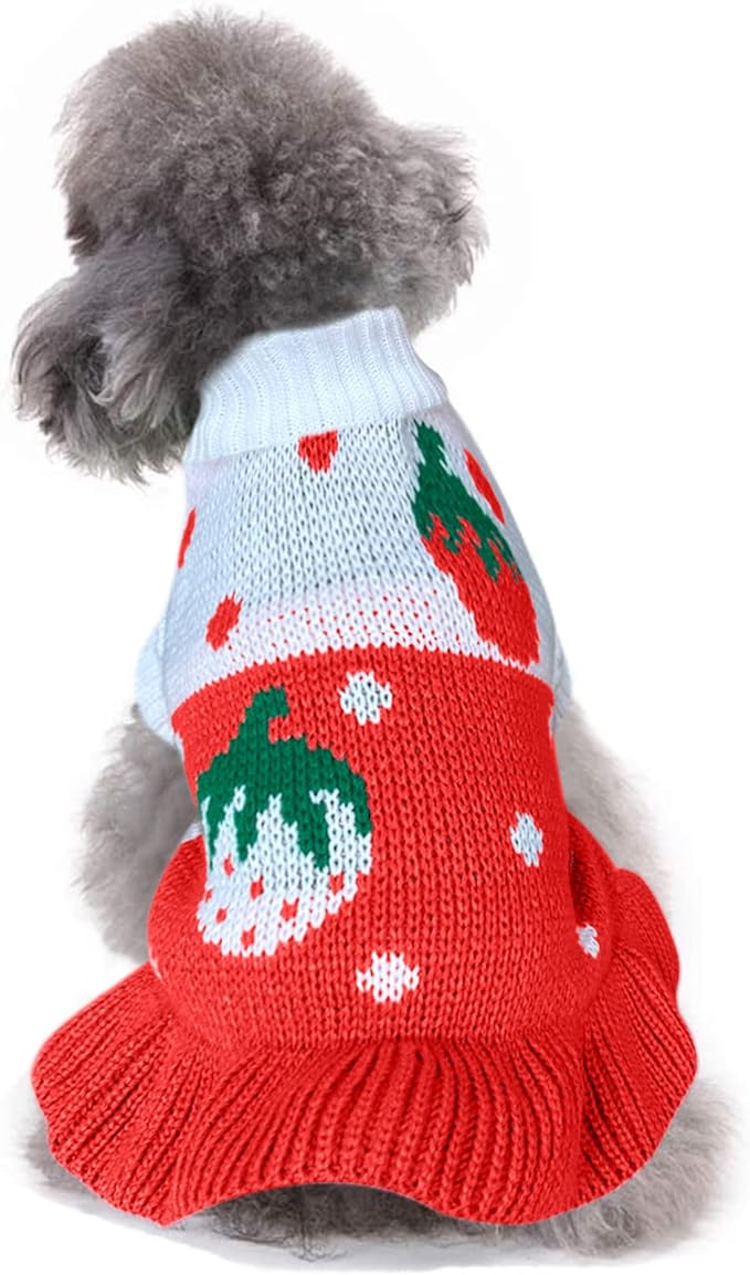 CHBORCHICEN Pet Dog Sweaters Classic Knitwear Turtleneck Winter Warm Puppy Clothing Cute Strawberry and Heart Doggie Sweater (L, Dress-Red1)