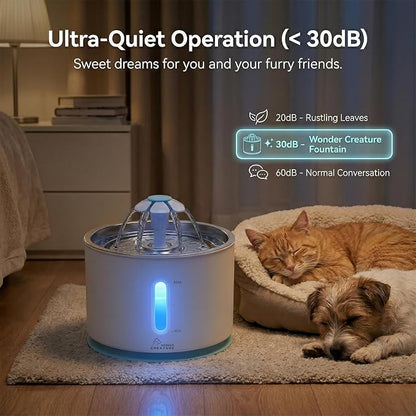 Wonder Creature Cat Water Fountain Stainless Steel Lid 81oz | Quiet Pet Fountain, LED Water Level Window, Multi-Layer Filter, Dishwasher-Safe Stainless Steel Lid for Cats and Dogs