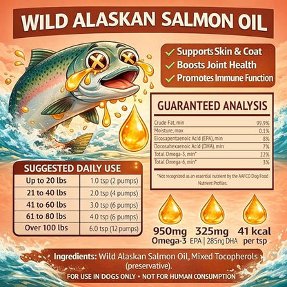 Warren London Wild Alaskan Salmon Oil for Dogs – Omega-3 Fish Oil Food Topper Pump with EPA & DHA for Skin & Coat, Shedding, Joint & Immune Support – Made in USA, 8 oz