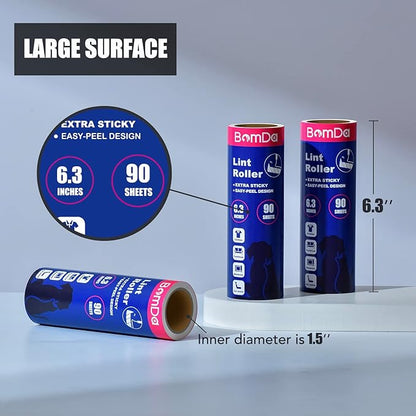 Extra Sticky Large Surface Lint Roller, 6.3'' Giant Lint Roller for Pet Hair, 270 Sheets/ 3 Refills, Long Handle Lint Remover for Clothes, Furniture, Dog & Cat Hair Remover (720 Sheets)
