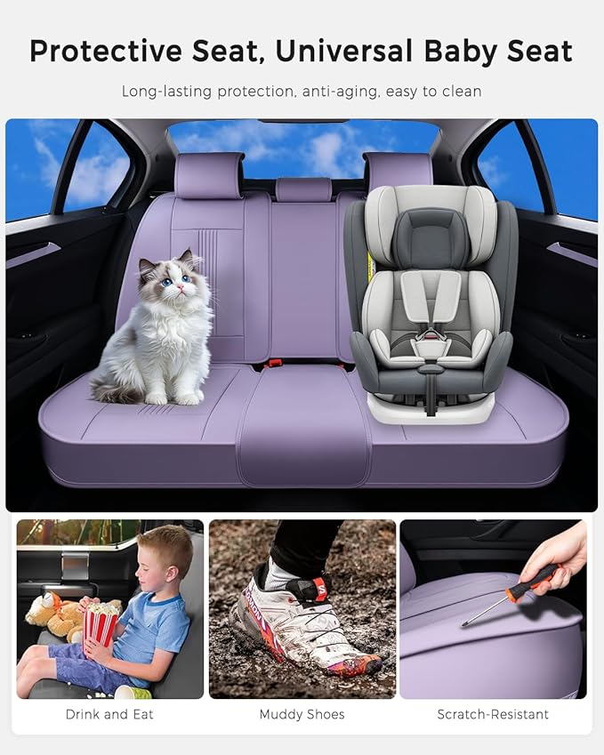 Huidasource Purple Back Seat Cover, Nappa Leather Rear Seat Cover with Ventilation Holes, Velcro Adjustable, Compatible with Armrests, Seat Belts, Child Safety Seats, for Most Cars SUV Truck, Purple