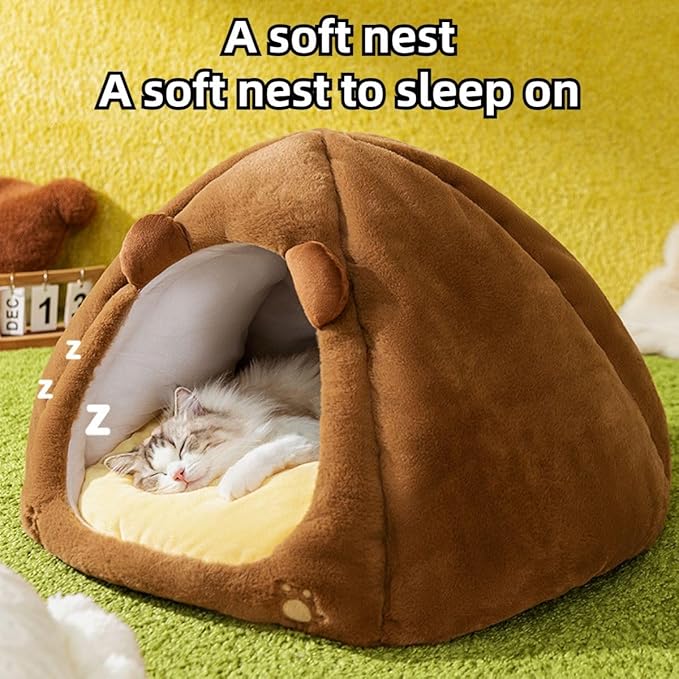Cat House, Cat Beds with Removable Cushion for Indoor Cats, Pet Cat Litter Large Yurt, Cat Beds for Indoor Easy to Clean Cat Bed Cave,Self Heating Cat Pad (Brown,X-Large)