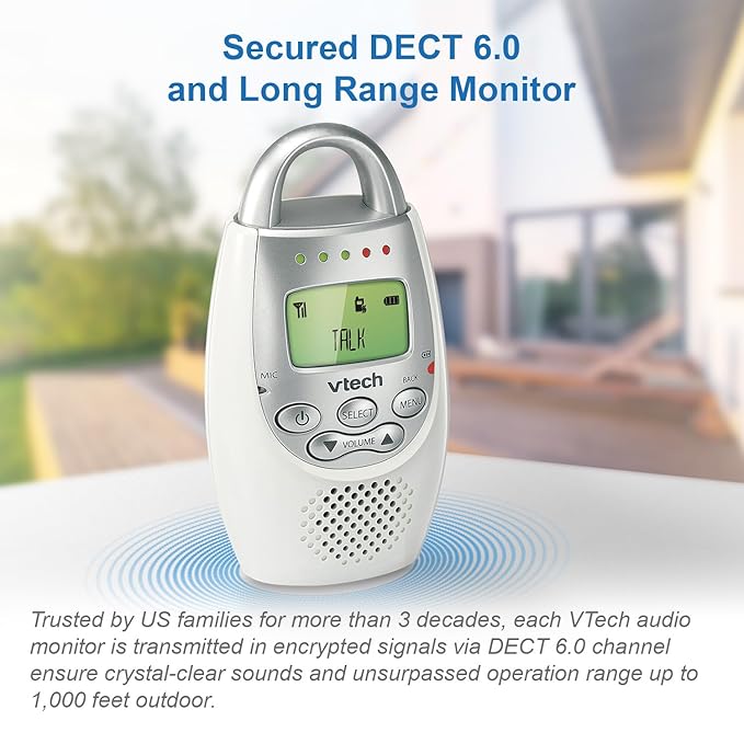 VTech Communications DM221 Audio Baby Monitor with up to 1,000 ft of Range, Vibrating Sound-Alert, Talk Back Intercom & Night Light Loop, White/Silver