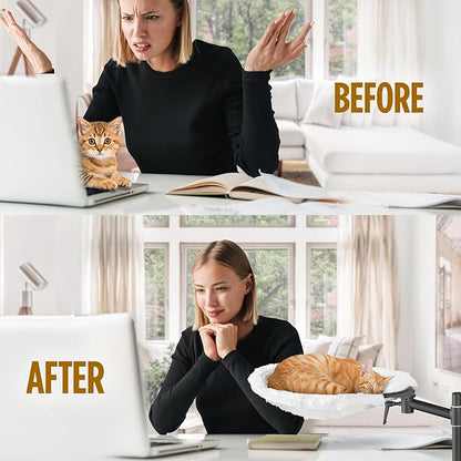 Deskside Dreamer - Cat Desk Perch, [+ Catnip Fish Toy], Comes with [2 Washable Fabrics]: Mesh and Plush, 360° Rotating & Height Adjustable [White]. Max Weight 35LBS