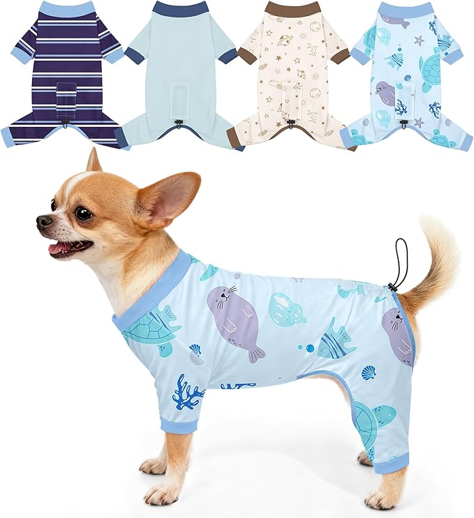 Bienbee Dog Pajamas, 4 Pack Dog Recovery Suit Shedding Suit Cute Soft Puppy Clothes Dogs Pjs Onesies Jammies Adjustable Breathable & Stretchy Clothes for Small Medium Large Dogs Girl Boy Puppy-S