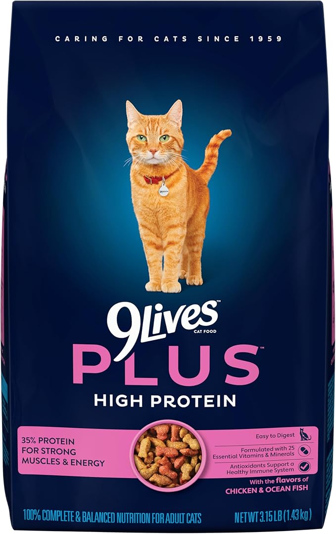 9Lives Plus High Protein Dry Cat Food, 3.15 lb. Bag (Pack of 4)