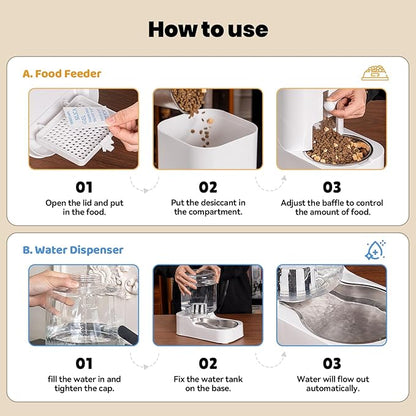 JUNSPOW Automatic Cat Feeder Dog Water Bowl Dispenser Set with Stainless Steel Bowl, Adjustable Food Dispensing & Keep Food Dry, Auto Pet Feeder and Waterer for Cats and Dogs