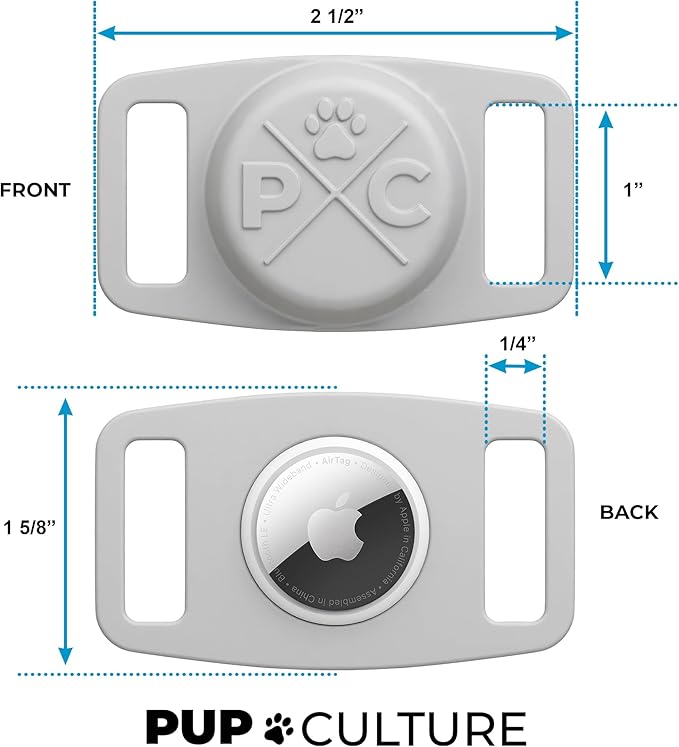 Pup Culture Compatible with AirTag Dog Collar Holder | Durable Protective Case to Help Track Your Pup | for Dog & Cat Collars - Grey 2 Pack