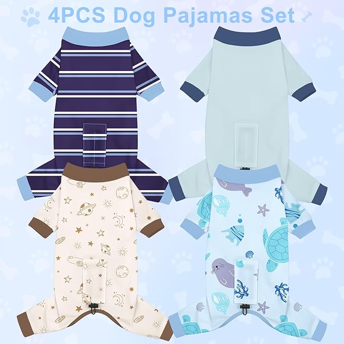 Bienbee Dog Pajamas, 4 Pack Dog Recovery Suit Shedding Suit Cute Soft Puppy Clothes Dogs Pjs Onesies Jammies Adjustable Breathable & Stretchy Clothes for Small Medium Large Dogs Girl Boy Puppy-M