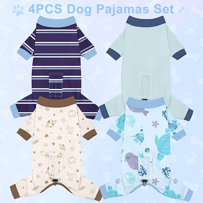 Bienbee Dog Pajamas, 4 Pack Dog Recovery Suit Shedding Suit Cute Soft Puppy Clothes Dogs Pjs Onesies Jammies Adjustable Breathable & Stretchy Clothes for Small Medium Large Dogs Girl Boy Puppy-2XL