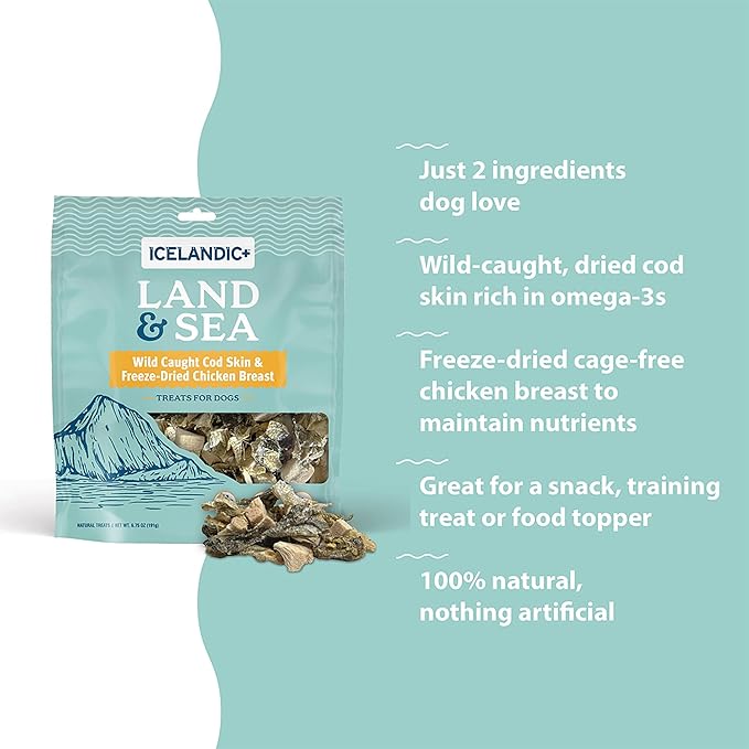 Icelandic+ Land & Sea Wild Caught Cod Skin & Freeze-Dried Chicken Breast -6.75oz Bag, Dog Treat & Food Topper, 2 Ingredient, No Preservatives, Natural