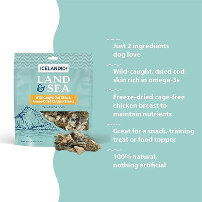 Icelandic+ Land & Sea Wild Caught Cod Skin & Freeze-Dried Chicken Breast -6.75oz Bag, Dog Treat & Food Topper, 2 Ingredient, No Preservatives, Natural