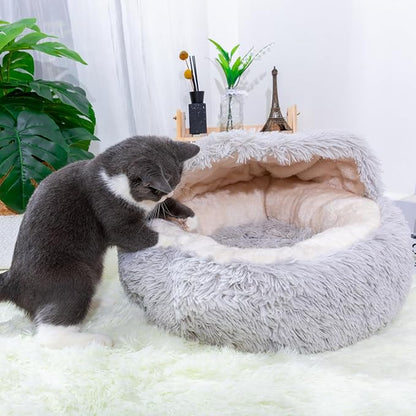 PetPals Round Cat Bed with Hoodie Cover and Removeable Washable Cushion, Super Soft Faux Fur Pet Bed for Puppy and Kitten with Anti-Slip Bottom (Faux Fur Igloo)
