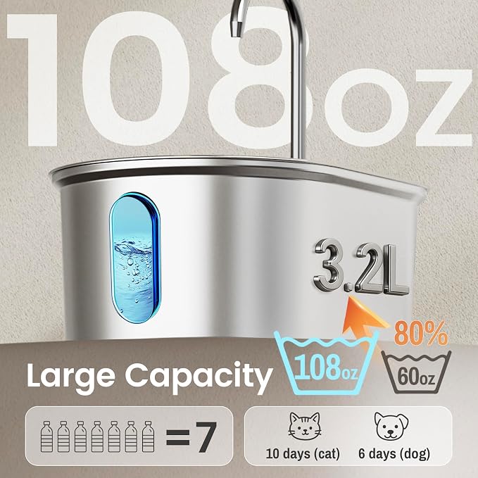Stainless Steel Cat Water Fountain, 108oz/3.2L with 1 Filter | Auto Shut Off, Quiet Pump, Water Level Indicator, Dry-Run Protection, Large Oval Pet Water Dispenser for Cats and Dogs