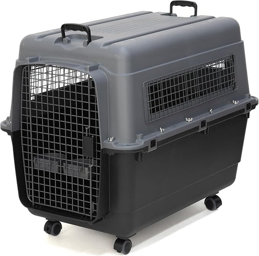 SportPet Airline Compliant X-LARGE 32.25" Travel Dog Kennel-Durable Plastic Airline Pet Carrier w/Removable Wheels & Food Bowls, Collapsible Indoor/Outdoor Dog Kennel, Dogs up to 32"L & 23"H-Dark Gray