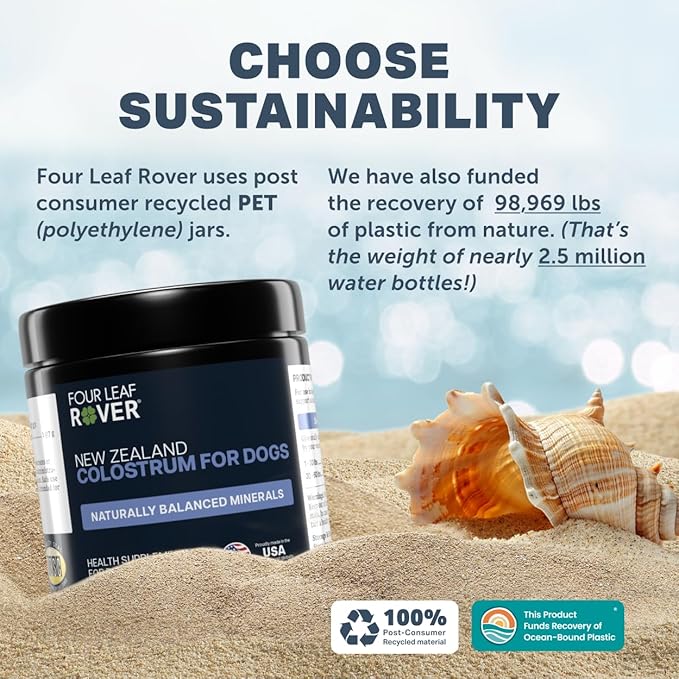 FOUR LEAF ROVER Colostrum for Dogs - Bovine Colostrum from 100% Grass-Fed New Zealand Cows - Skin, Gut & Immune Support - 60 Day Large Dog Supply