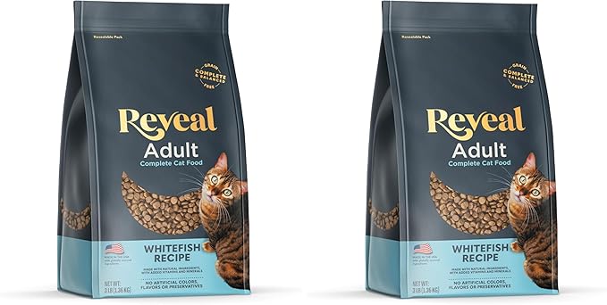 Reveal Natural Adult Dry Cat Food, High Protein, Grain Free with Added Vitamins & Minerals, Complete & Balanced Nutrition for Cats, Whitefish Recipe (3 Pound Bag) (Pack of 2)