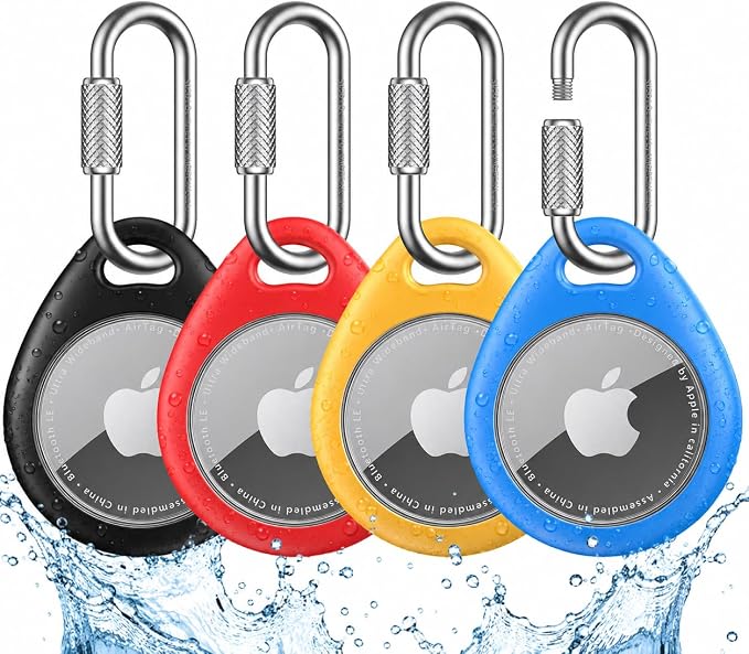 UNBREAKcable for AirTag Holder Case with Professional Carabiner, 4 Pack | Waterproof, Shockproof, Hold Securely, Easy to Install, Protective AirTag Keychain for Keys, Pets, Luggage-4 Colors