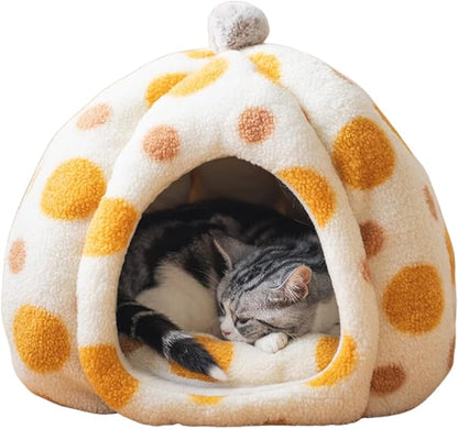 Cat Polka Dot Yurt Bed, Plush Warm Semi-Enclosed Cave Hideaway, Soft Comfy House for Indoor Kitten (Orange,Medium)