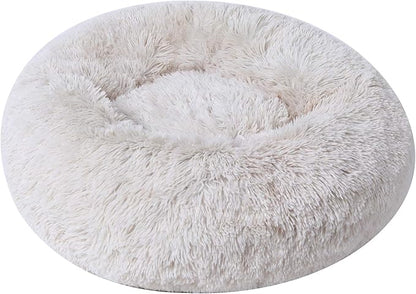 BinetGo Calming Cat and Dog Beds, 20 Inch Beige Donut Bed - Machine Washable, Anti Slip Waterproof Bottom