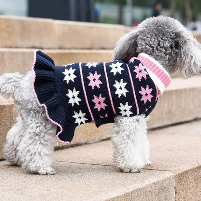 KYEESE Dog Sweater Warm Dog Clothes Fall Winter Pet Coats for Girl Puppy Sweater Dress with Leash Hole for Small Dogs Knit Turtleneck Pullover with Snow Flake Pattern, Girl Navyblue, Medium