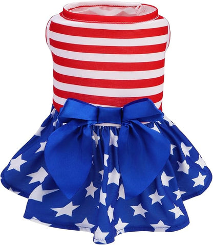 PUPTECK Print Dog Dress Pet Apparel for 4th of July with Cute Bowtie Puppy Clothes Outfit, Flag, XS