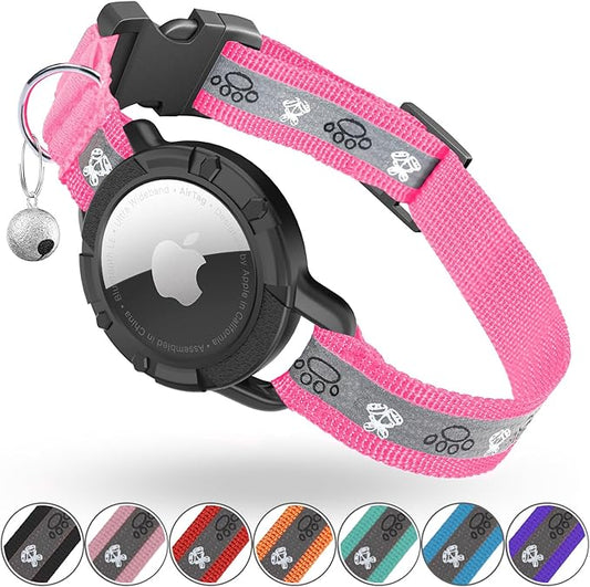 Reflective AirTag Cat Collar, Integrated Cat Tracker Collar with Air Tag Holder and Bell, Safety Elastic Band Cat GPS Collars for Girl Boy Cats, Kittens and Puppies (Hotpink,S)