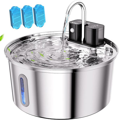 Wireless Cat Water Fountain - 108oz/3.2L Automatic Cat Water Fountain Cordless, Stainless Steel Battery Operated Pet Fountain Rechargeable Water Dispenser for Cats, Dogs, Multiple Pets