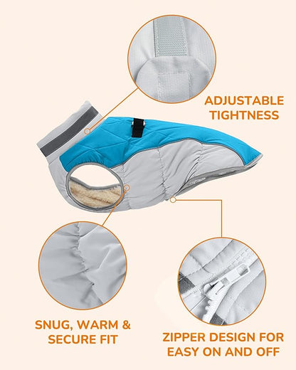 Dog Winter Coat for Medium Dogs, Adjustable Puppy Warm Jackets in Cold Weather, Reflective Pet Fleece Vest with External Attachment Points, ZippeBlue Cold-Weather Dog Winter Clothes, M Blue