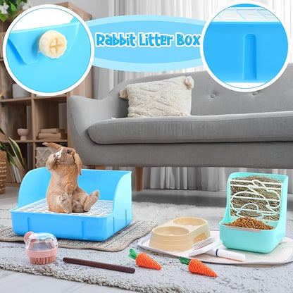 Honeydak 10 Pcs Rabbit Starter Kit Small Litter Box Bunny Grooming Kit Scratch Pads Hay Feeder Bowl Ice Pad with Bunny Toys for Guinea Pig Rabbit Accessories (Blue)