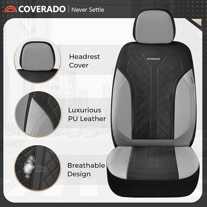 Coverado Leather Car Seat Cover for 2 Seats Front Seat Covers Waterproof Seat Covers 2-Pack Luxury Car Seat Protectors Universal Fit for Most Vehicles, SUV, Truck, Sedan