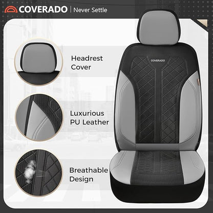 Coverado Leather Car Seat Cover for 2 Seats Front Seat Covers Waterproof Seat Covers 2-Pack Luxury Car Seat Protectors Universal Fit for Most Vehicles, SUV, Truck, Sedan