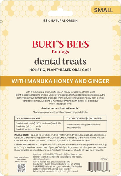 BURT'S BEES FOR PETS Dental Treats for Dogs with Manuka Honey & Ginger, Holistic, Plant-Based Oral Care, 98% Natural Origin Formulas, Peppermint Flavor, Dog Treats Small Dogs, Sz Sm 10ct, 7.4 oz