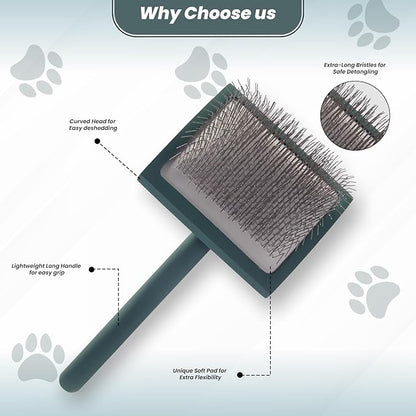 Self- Cleaning Slicker Brush for Dogs Suitable for Short & Long Haired Dogs and Effective Deshedding for Pet Grooming, Undercoat Removal, Tangle-Free Fur (Green Brush + Comb)