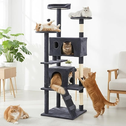 Sweetcrispy 62 Inch Cat Tree Tower, Multi-Level with Cat Scratching Post, Indoor Cat Condo with Climbing Ladder, Plush Toy, Play House for Cat, Dark Grey