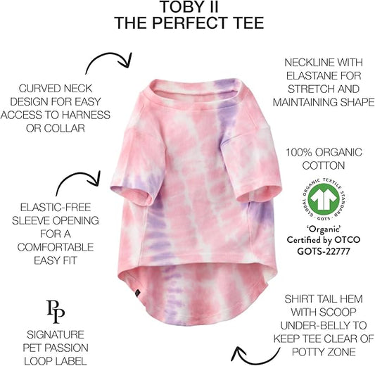Pet Passion Toby II - The Perfect Tee, 3 Pack Short Sleeve Pet T-Shirt 100% Organic Cotton Tees Clothes for Small, Medium, Large Dogs, Pink Tie Dye, X-Small (5-12 lbs)